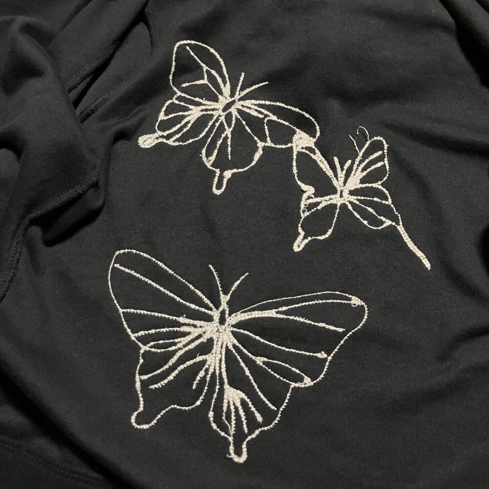 BCBG Maxazria Black Velour Hoodie With Green Butterflies, Size Large, Full Zip - Picture 10 of 13